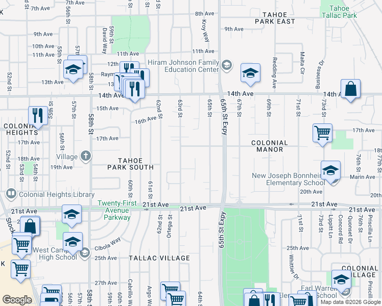 map of restaurants, bars, coffee shops, grocery stores, and more near 63 Manley Court in Sacramento