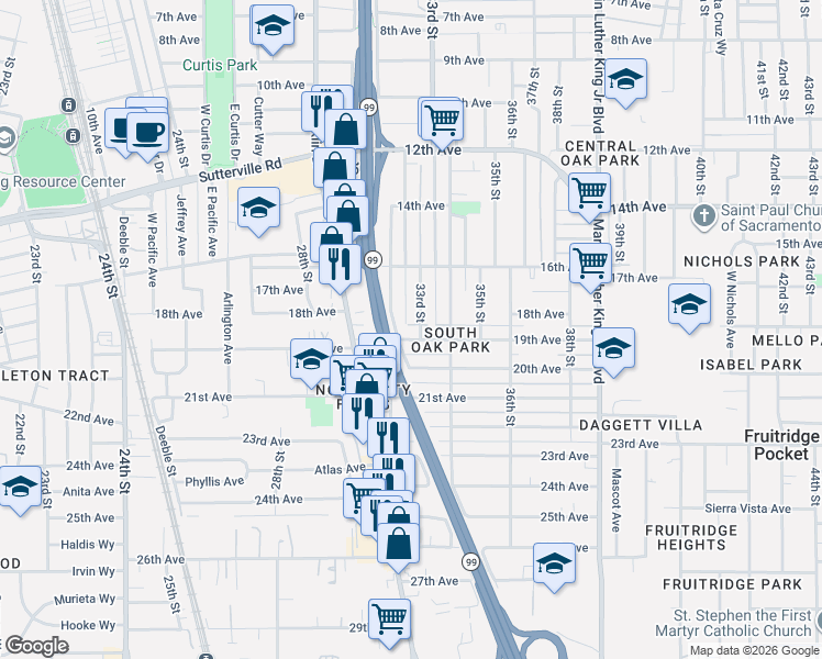 map of restaurants, bars, coffee shops, grocery stores, and more near 3302 19th Avenue in Sacramento