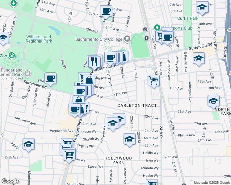 map of restaurants, bars, coffee shops, grocery stores, and more near 4311 21st Street in Sacramento
