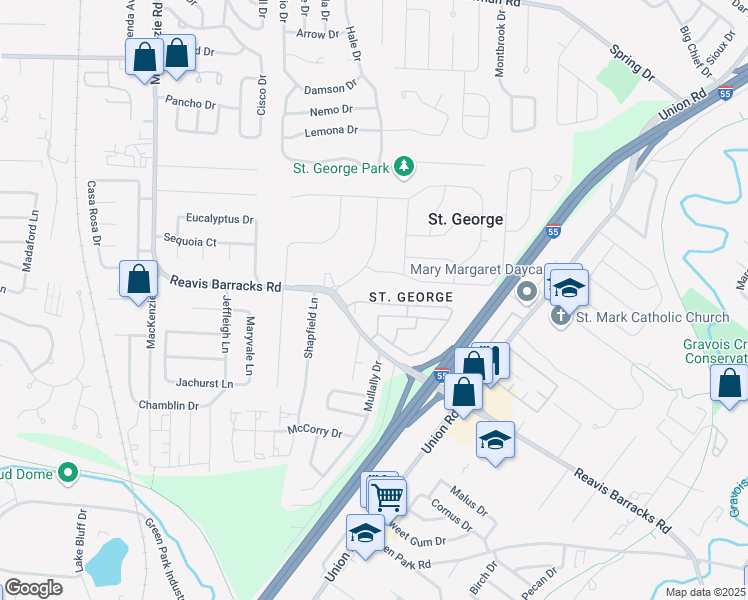 map of restaurants, bars, coffee shops, grocery stores, and more near 10069 North Bunker Hill Drive in St. Louis