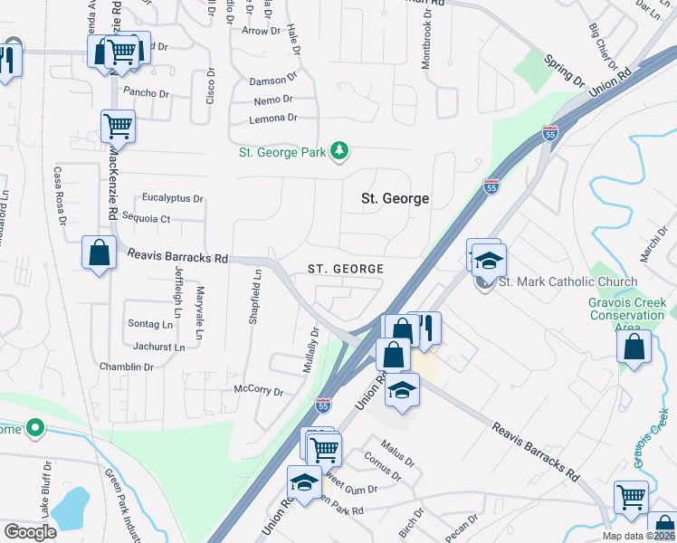 map of restaurants, bars, coffee shops, grocery stores, and more near 10069 North Bunker Hill Drive in St. Louis