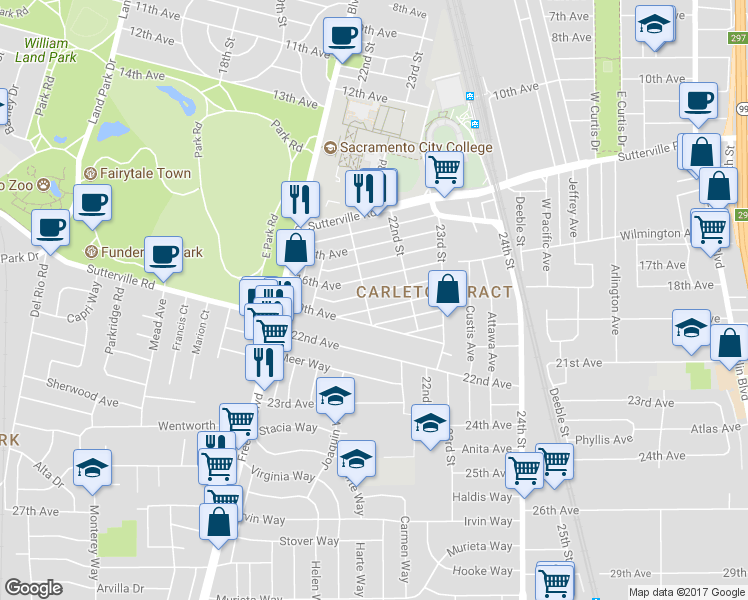 map of restaurants, bars, coffee shops, grocery stores, and more near 4311 21st Street in Sacramento