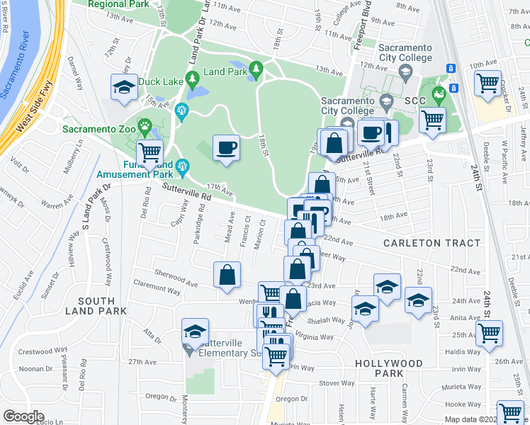 map of restaurants, bars, coffee shops, grocery stores, and more near Sutterville Road & Marion Court in Sacramento