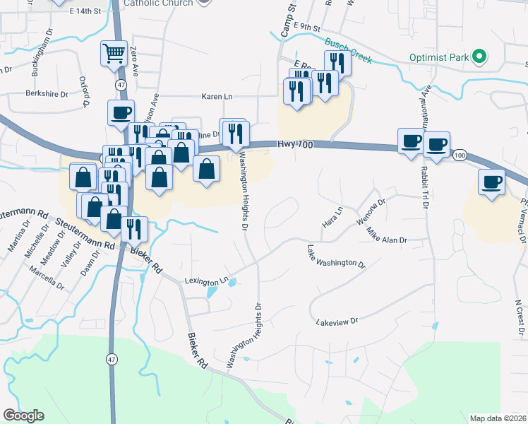map of restaurants, bars, coffee shops, grocery stores, and more near 115 Monticello Drive in Washington