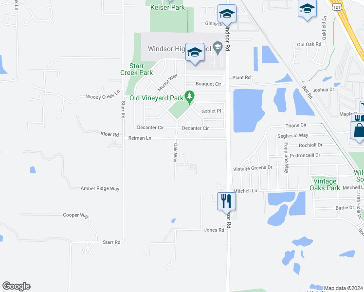 map of restaurants, bars, coffee shops, grocery stores, and more near 1722 Reiman Lane in Windsor