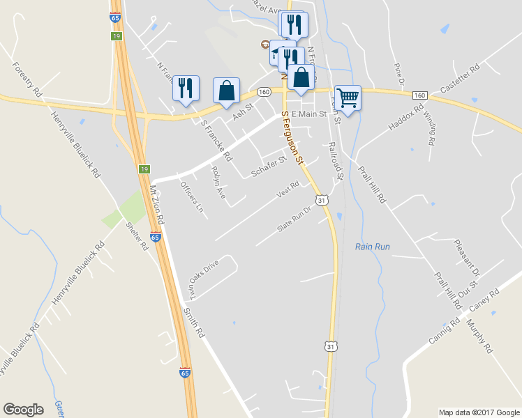map of restaurants, bars, coffee shops, grocery stores, and more near 319 Vest Road in Henryville