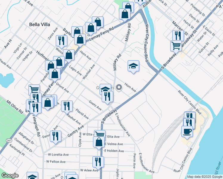 map of restaurants, bars, coffee shops, grocery stores, and more near 809 Military Road in St. Louis