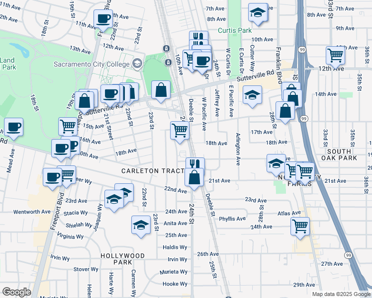 map of restaurants, bars, coffee shops, grocery stores, and more near 4262 24th Street in Sacramento