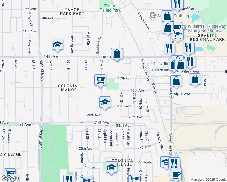 map of restaurants, bars, coffee shops, grocery stores, and more near 7400 17th Avenue in Sacramento