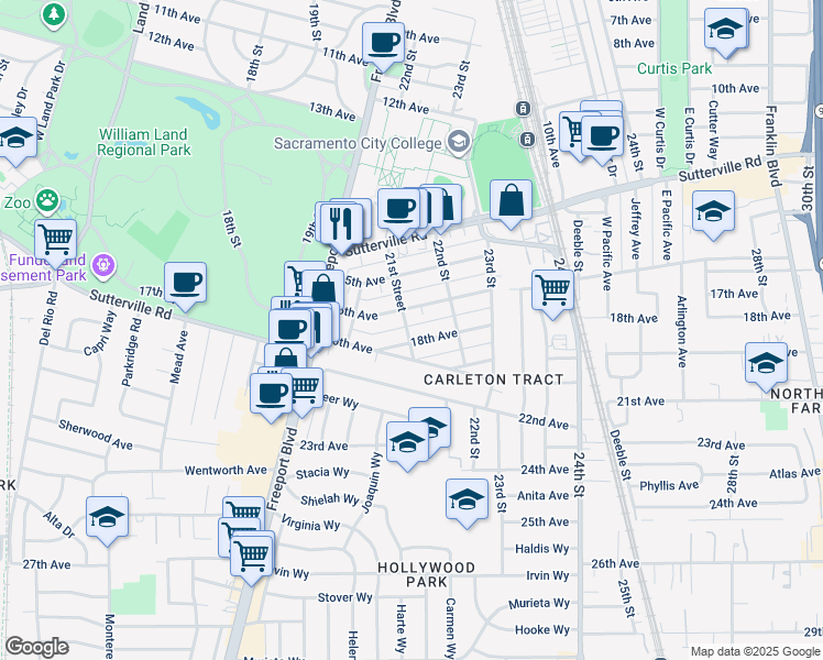 map of restaurants, bars, coffee shops, grocery stores, and more near 2111 16th Avenue in Sacramento