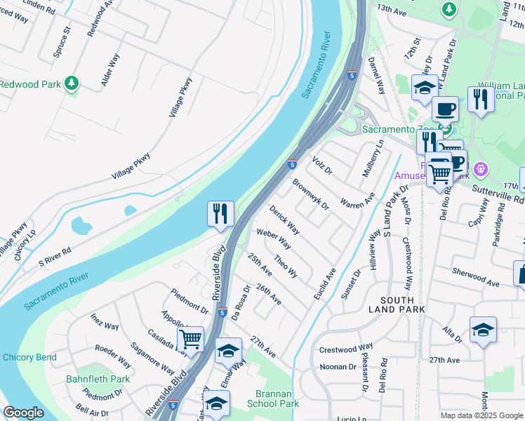 map of restaurants, bars, coffee shops, grocery stores, and more near in Sacramento