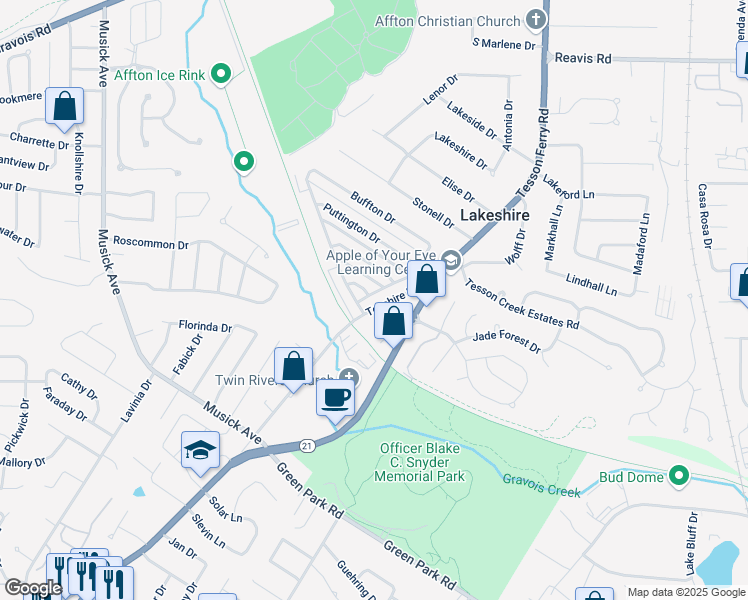 map of restaurants, bars, coffee shops, grocery stores, and more near 10009 Squire Meadows Drive in St. Louis