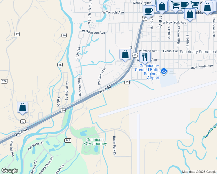 map of restaurants, bars, coffee shops, grocery stores, and more near 902 U.S. 50 in Gunnison