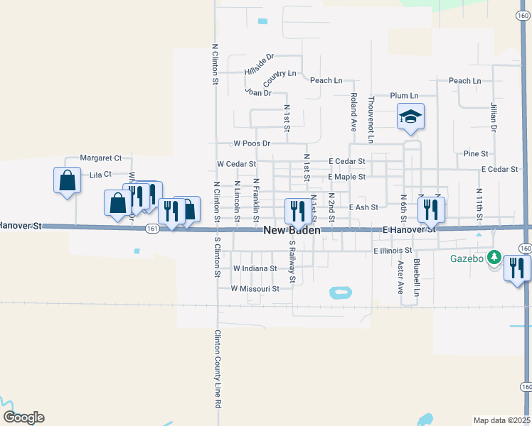 map of restaurants, bars, coffee shops, grocery stores, and more near 14 West Ash Street in New Baden
