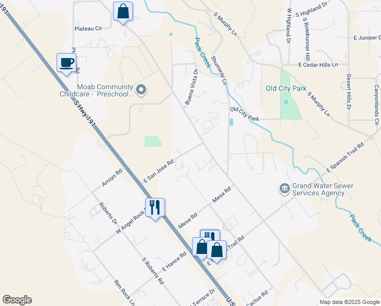map of restaurants, bars, coffee shops, grocery stores, and more near 2468 East San Jose Road in Moab