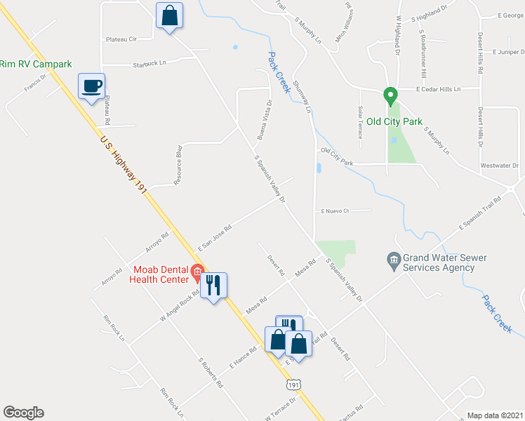 map of restaurants, bars, coffee shops, grocery stores, and more near 2468 East San Jose Road in Moab