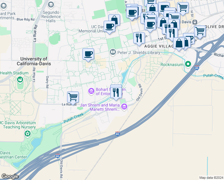 map of restaurants, bars, coffee shops, grocery stores, and more near 400 Mrak Hall Drive in Davis