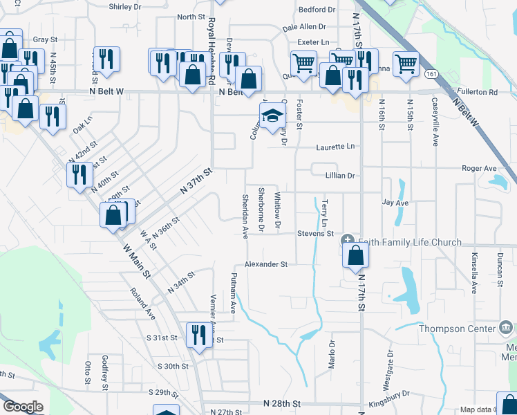 map of restaurants, bars, coffee shops, grocery stores, and more near 1621 Sherborne Drive in Belleville