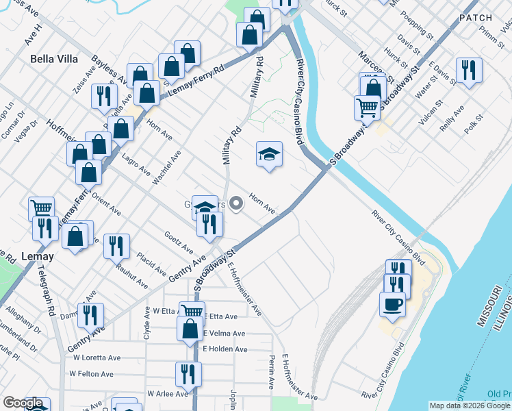 map of restaurants, bars, coffee shops, grocery stores, and more near 122 Horn Avenue in Saint Louis