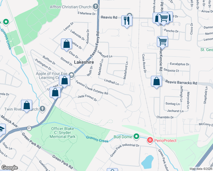 map of restaurants, bars, coffee shops, grocery stores, and more near 9839 Madaford Lane in Affton