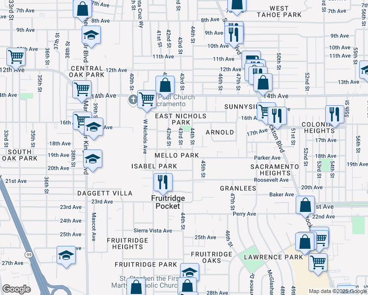 map of restaurants, bars, coffee shops, grocery stores, and more near 4231 43rd Street in Sacramento