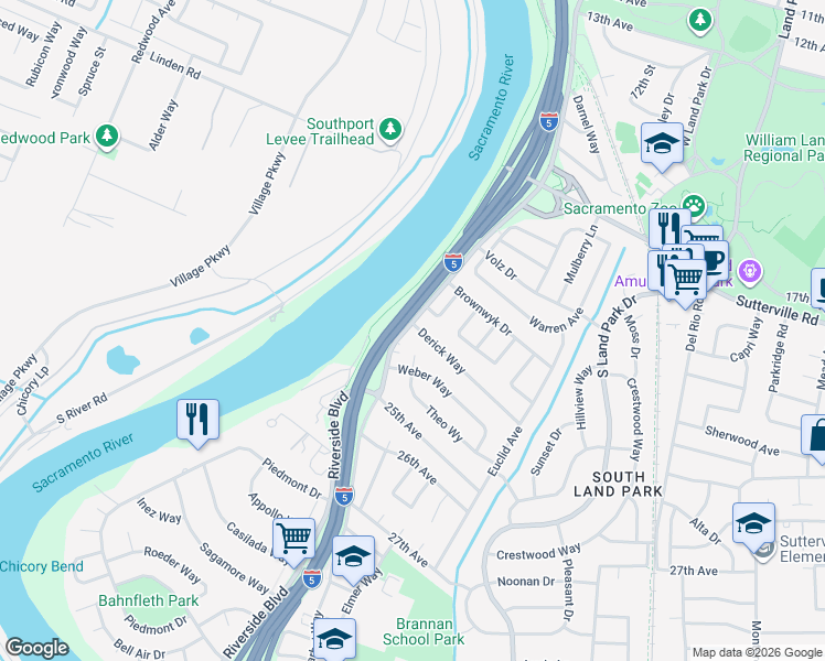 map of restaurants, bars, coffee shops, grocery stores, and more near 1100 Derick Way in Sacramento