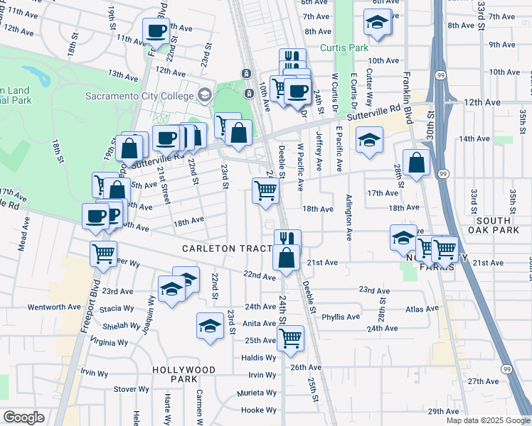 map of restaurants, bars, coffee shops, grocery stores, and more near 4250 Attawa Avenue in Sacramento