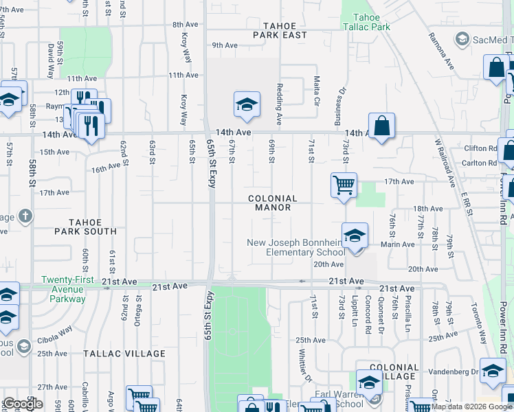 map of restaurants, bars, coffee shops, grocery stores, and more near 6851 18th Avenue in Sacramento