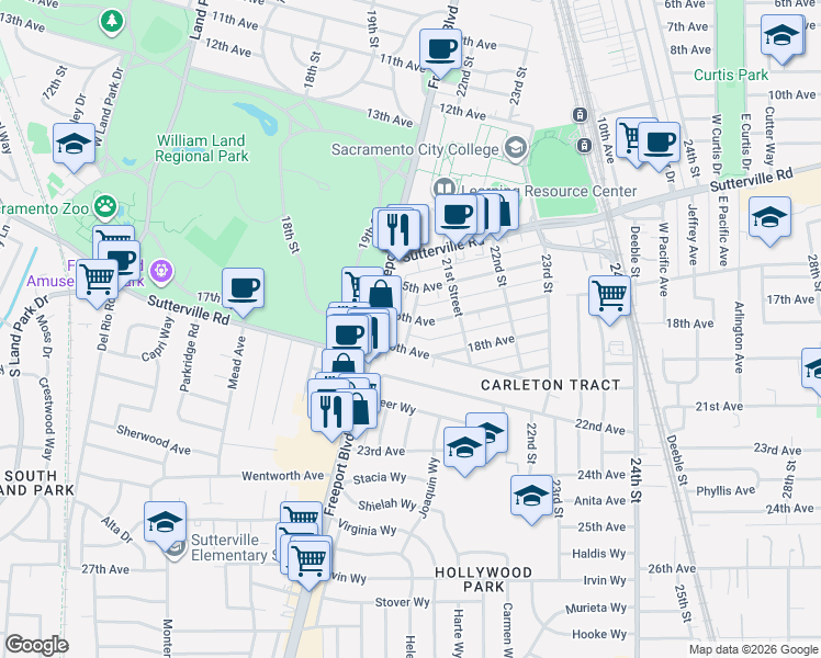 map of restaurants, bars, coffee shops, grocery stores, and more near 2027 16th Avenue in Sacramento