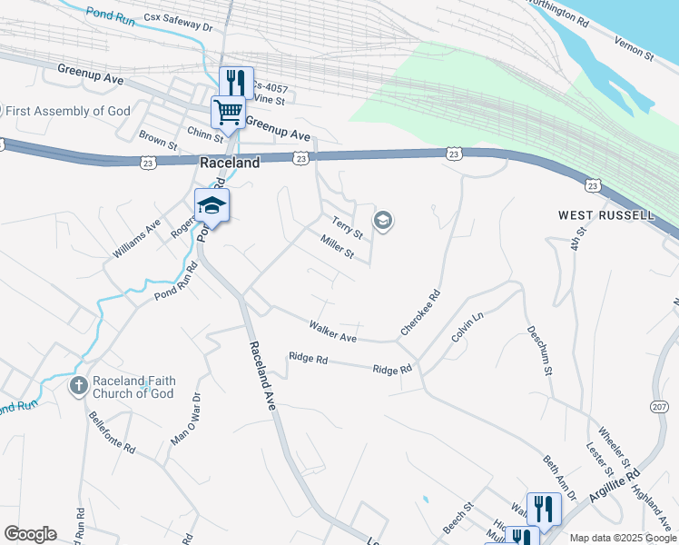 map of restaurants, bars, coffee shops, grocery stores, and more near 1166 Ackison Street in Raceland
