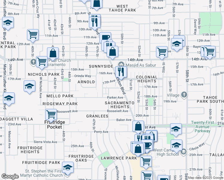map of restaurants, bars, coffee shops, grocery stores, and more near 4806 Yosemite Avenue in Sacramento
