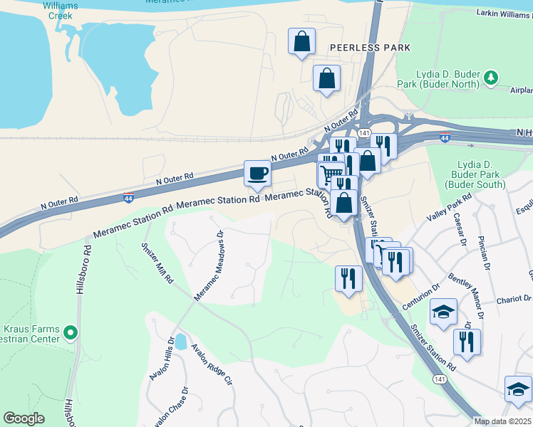 map of restaurants, bars, coffee shops, grocery stores, and more near 104 Meramec Oak Ridge in Fenton