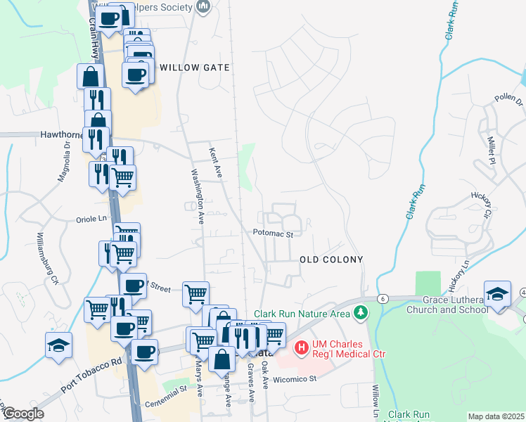 map of restaurants, bars, coffee shops, grocery stores, and more near Dorchester Street in La Plata