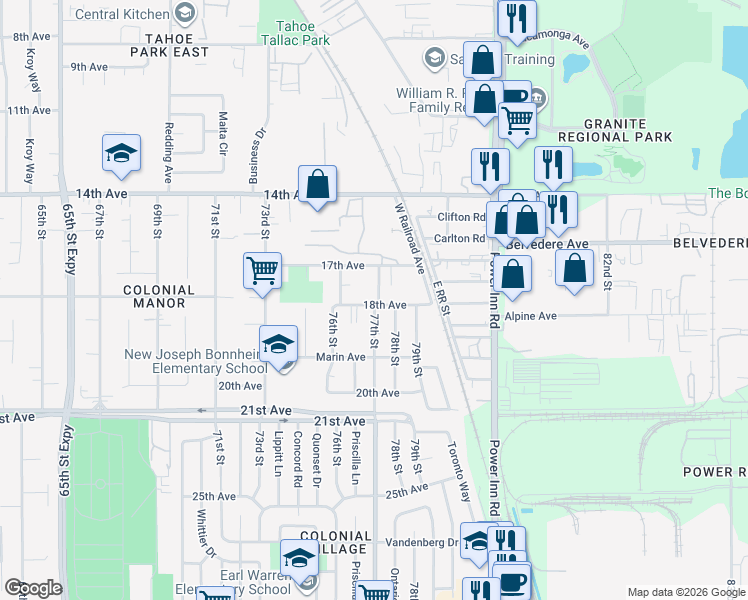 map of restaurants, bars, coffee shops, grocery stores, and more near 4248 77th Street in Sacramento