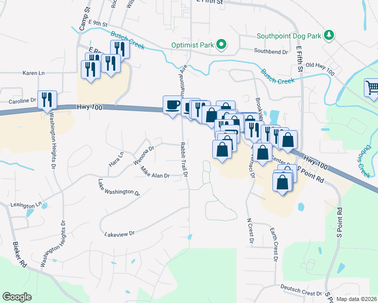map of restaurants, bars, coffee shops, grocery stores, and more near 18 Rabbit Trail Drive in Washington