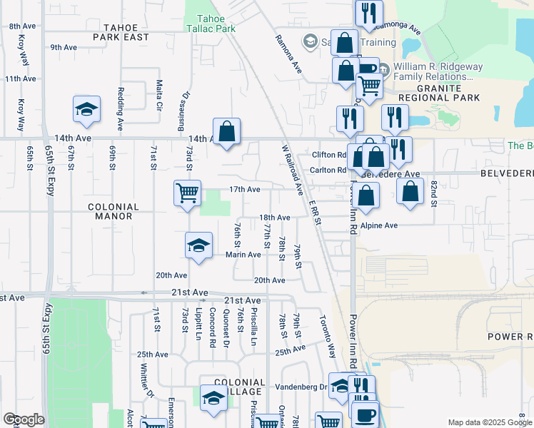 map of restaurants, bars, coffee shops, grocery stores, and more near 4248 77th Street in Sacramento