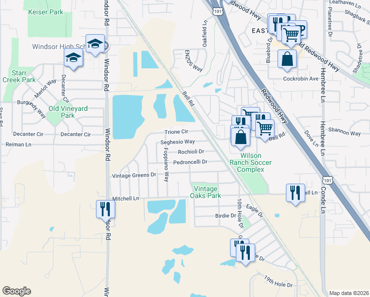 map of restaurants, bars, coffee shops, grocery stores, and more near 1193 Seghesio Way in Windsor