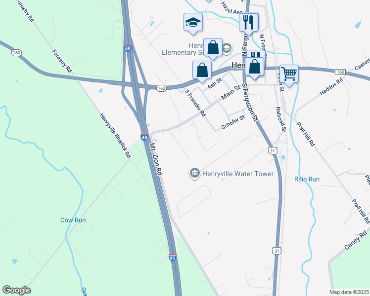 map of restaurants, bars, coffee shops, grocery stores, and more near 307 Officers Lane in Henryville