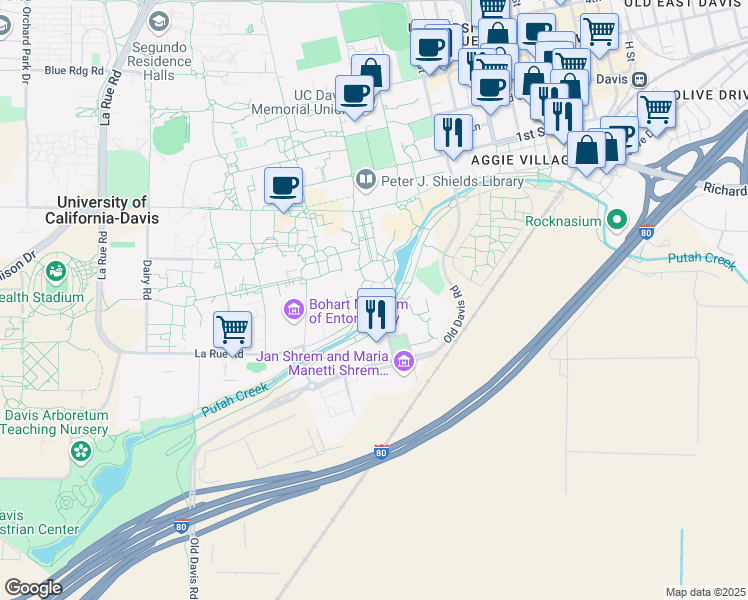 map of restaurants, bars, coffee shops, grocery stores, and more near 400 Mrak Hall Drive in Davis