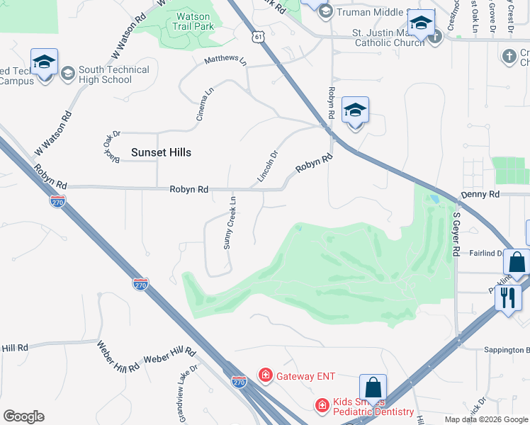 map of restaurants, bars, coffee shops, grocery stores, and more near 12300 Robyn Road in St. Louis