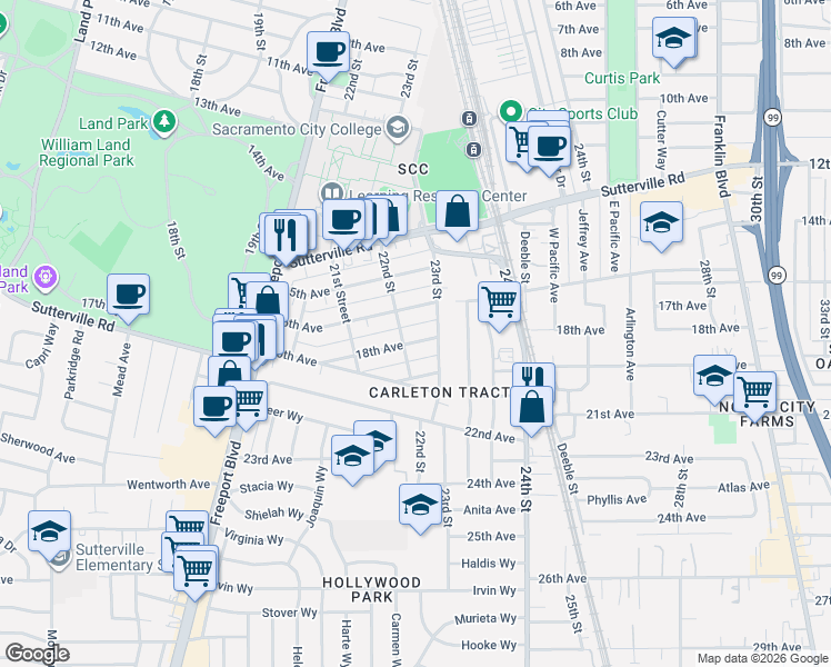map of restaurants, bars, coffee shops, grocery stores, and more near 4201 22nd Street in Sacramento