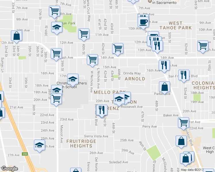map of restaurants, bars, coffee shops, grocery stores, and more near 4132 43rd Street in Sacramento