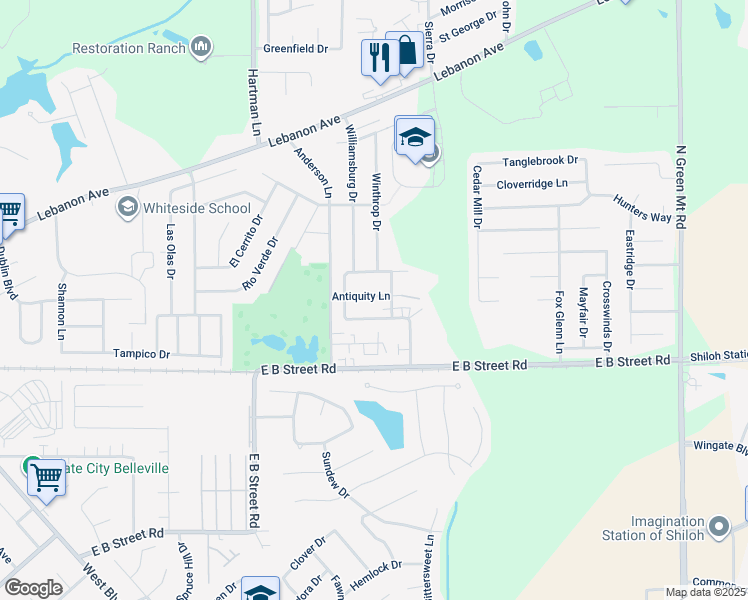 map of restaurants, bars, coffee shops, grocery stores, and more near 2421 Antiquity Lane in Belleville