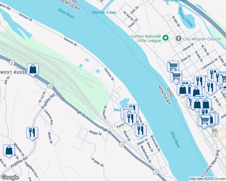 map of restaurants, bars, coffee shops, grocery stores, and more near Division St in Russell