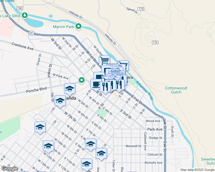map of restaurants, bars, coffee shops, grocery stores, and more near 130 West 2nd Street in Salida