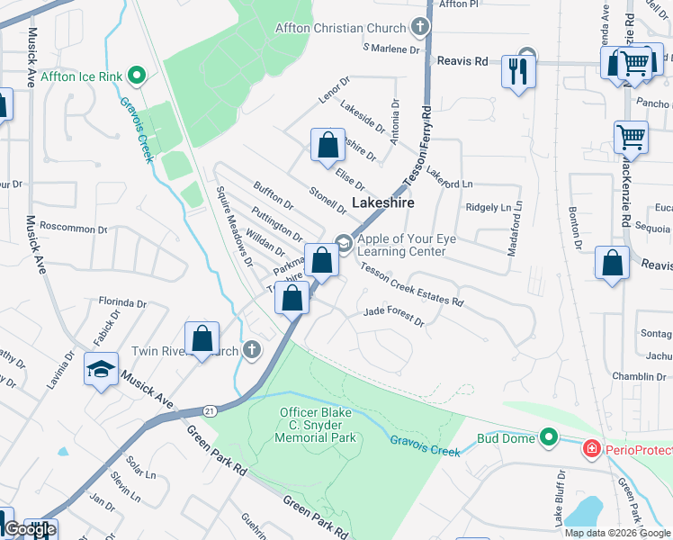 map of restaurants, bars, coffee shops, grocery stores, and more near 10342 Tiffany Village Circle Drive in Affton