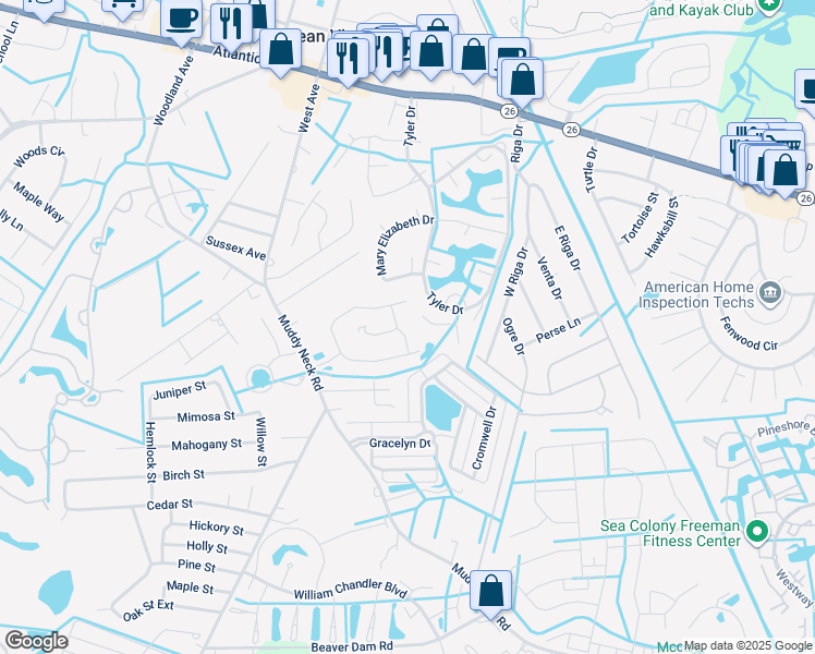 map of restaurants, bars, coffee shops, grocery stores, and more near 4 Oceanwillow Drive in Ocean View