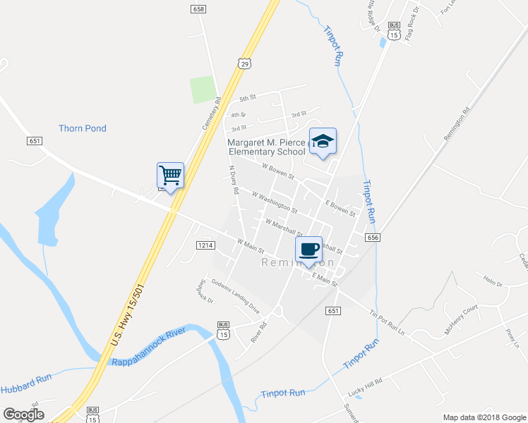 map of restaurants, bars, coffee shops, grocery stores, and more near 345 North Rappahannock Street in Remington