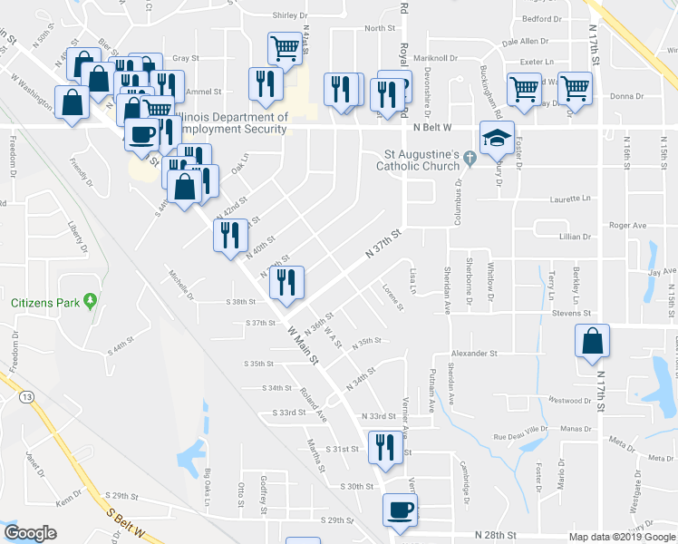 map of restaurants, bars, coffee shops, grocery stores, and more near 219 North 37th Street in Belleville