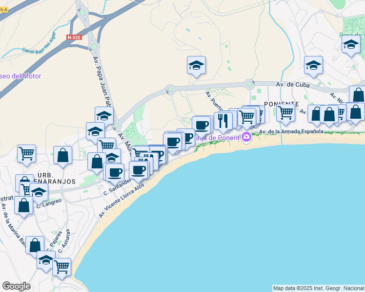 map of restaurants, bars, coffee shops, grocery stores, and more near 6 Avinguda de la Vila Joiosa in Benidorm